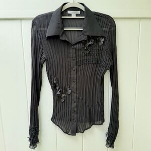 Cache Y2K Fairy Blouse Medium Black Sheer Whimsygoth 3D Floral Crinkle Beaded